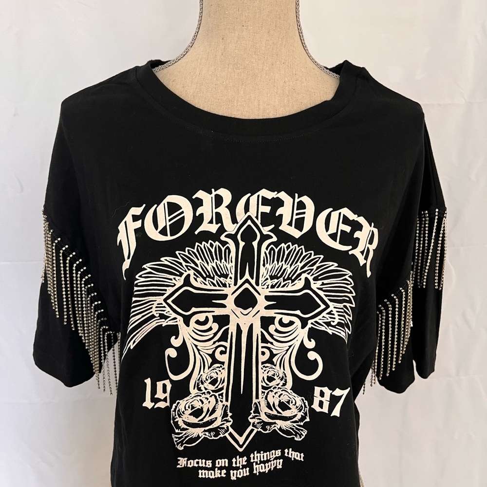 Forever Black Cross Graphic Fringe Crop Top